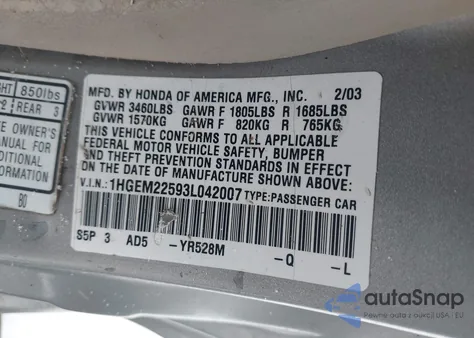 2003 Honda Civic Lx z USA, uszkodzony, nr VIN 1HGEM22593L042007
